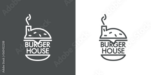 Concepto restaurante de comida rápida. Logotipo lineal con palabra Burger House en hamburguesa con chimenea en fondo gris y fondo blanco	