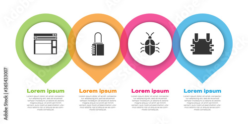 Set Website template, Safe combination lock, System bug concept and Bulletproof vest. Business infographic template. Vector.