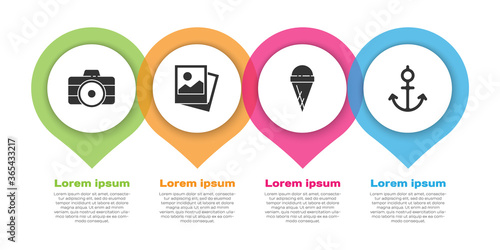 Set Photo camera, Photo, Ice cream in waffle cone and Anchor. Business infographic template. Vector.