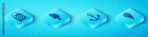 Set Isometric Photo camera, Ice cream, Ice cream in waffle cone and Anchor icon. Vector.