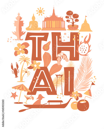 Collection of Thailand symbols. Vector poster. postcard in trend color. Travel illustration.