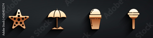 Set Starfish, Sun protective umbrella for beach, Ice cream in waffle cone and Lollipop icon with long shadow. Vector.