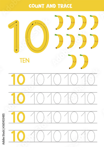 Worksheet for kids. Seven cute cartoon bananas. Tracing number 10.