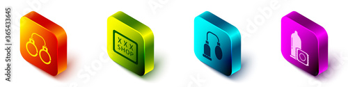 Set Isometric Sexy fluffy handcuffs, Sex shop, Penis pump and Condom icon. Vector.
