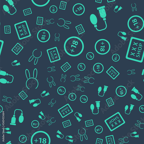 Set Plus 18 movie, Penis pump, Mask with long bunny ears and Sex shop on seamless pattern. Vector.