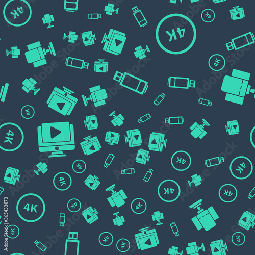 Set USB flash drive, 4k Ultra HD, Online play video and Director movie chair on seamless pattern. Vector.