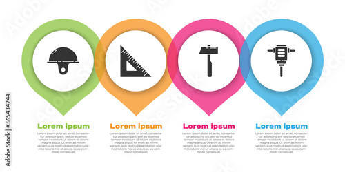 Set Worker safety helmet, Triangular ruler, Hammer and Electric rotary hammer drill. Business infographic template. Vector.