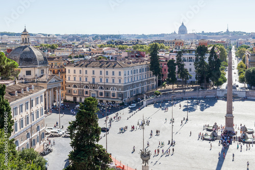 ROME, ITALY - 2014 AUGUST 18. Piazza del Popolo in central Rome seen from Pincio Hill.