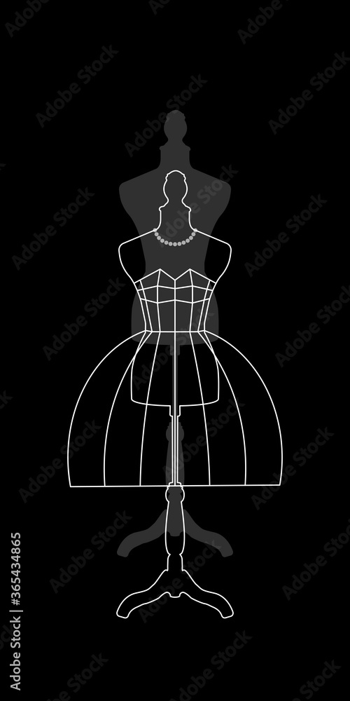 Contour image of a mannequin on a black background in a schematic dress