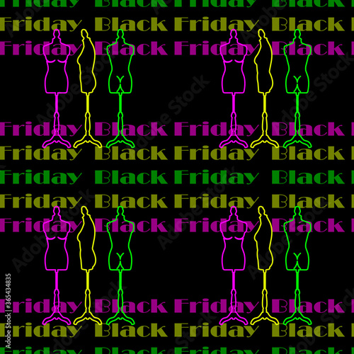 Seamless pattern with the image of mannequins on a dark background with the inscription" black Friday". Graphic color print for textiles and fabrics, packaging paper, banners.