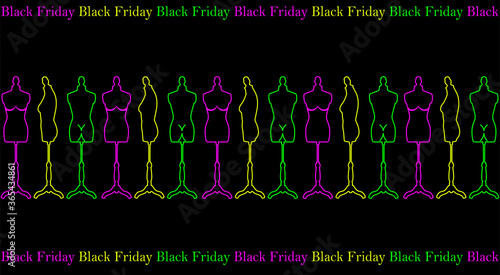 Seamless pattern with the image of mannequins on a dark background with the inscription" black Friday". Graphic color printing for textiles and fabrics, packaging paper, banners.