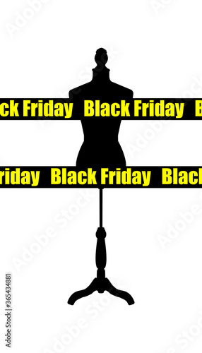 Image of a mannequin on a white background with the inscription "Black Friday". Graphic print for textiles and fabrics, packaging paper, banners.