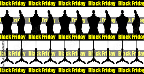 Seamless pattern with the image of mannequins on a dark background with the inscription" black Friday". Graphic color printing for textiles and fabrics, packaging paper, banners.