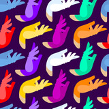 Seamless pattern with colored gloves on an elegant hand. colored gloves on a dark purple background. Perfect for fabrics, backgrounds, clothes.