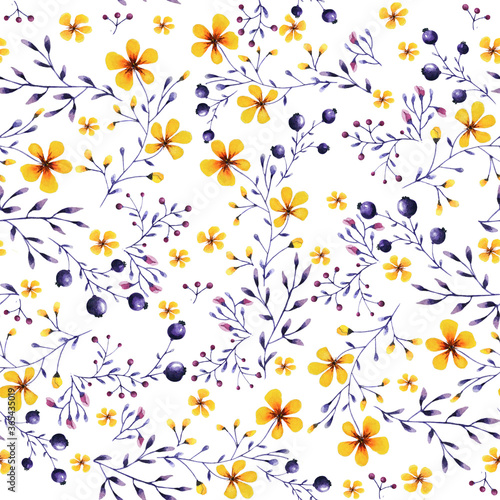 Watercolor seamless pattern with floral pattern, yellow and lilac flowers on a white background. Can be used as romantic background, greeting postcards, printed, textile design, packaging design.