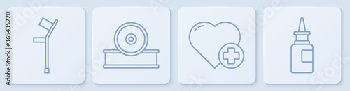 Set line Crutch or crutches, Heart with a cross, Otolaryngological head reflector and Bottle nasal spray. White square button. Vector.