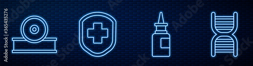 Set line Bottle nasal spray, Otolaryngological head reflector, Medical shield with cross, DNA symbol and Crossed bandage plaster. Glowing neon icon on brick wall. Vector.