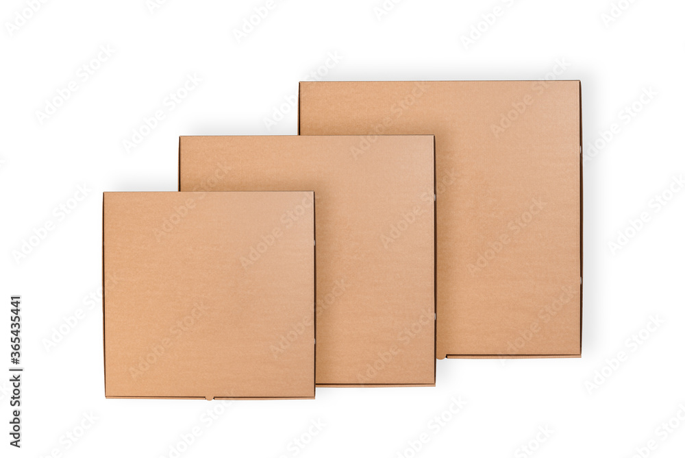 Set of flat brown cardboard pizza boxes, isolated Set of flat brown cardboard pizza boxes, isolated