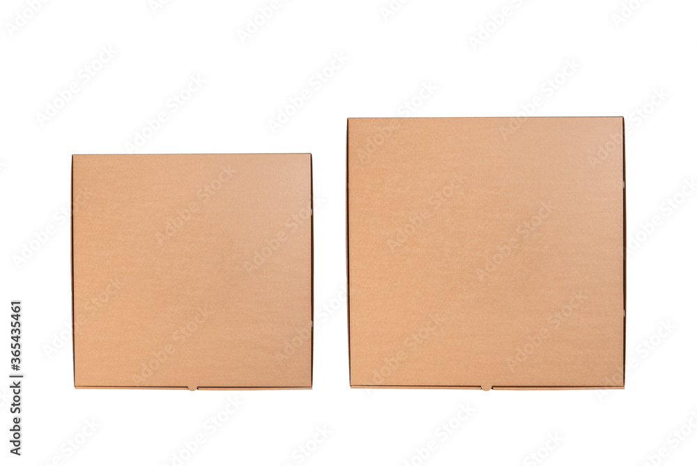 Set of flat brown cardboard pizza boxes, isolated