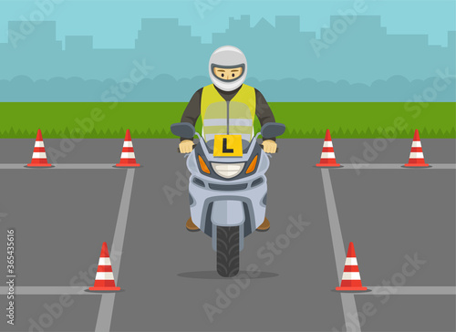 Driving lesson. Learner motorcyclist practising to ride a bike. Flat vector illustration template.