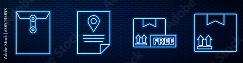 Set line Cardboard box with free symbol, Envelope, Document tracking marker system, Cardboard box with traffic symbol and Carton cardboard box. Glowing neon icon on brick wall. Vector.