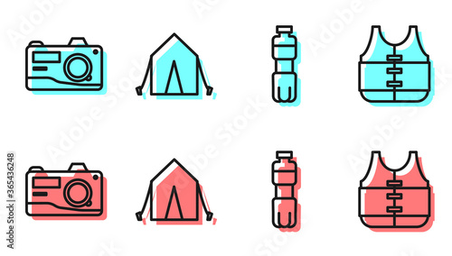 Set line Bottle of water, Photo camera, Tourist tent and Life jacket icon. Vector.