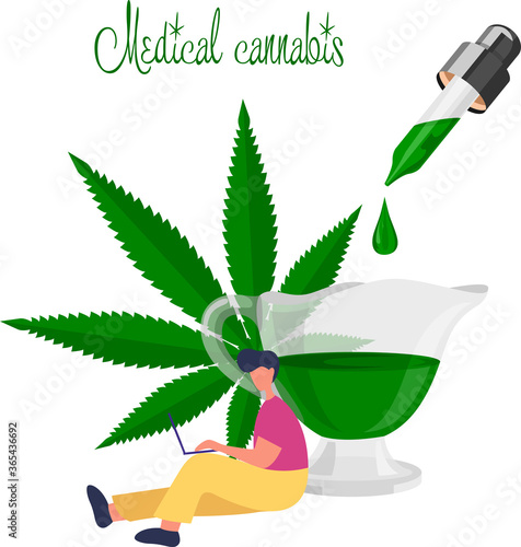 A man works in a laptop. The concept of drug research, the treatment of diseases with hemp. Flat vector illustration.