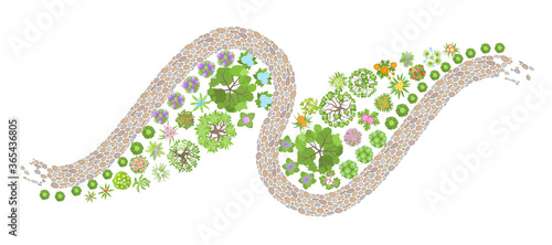 Landscape design. Top view. Path and flower beds. View from above.