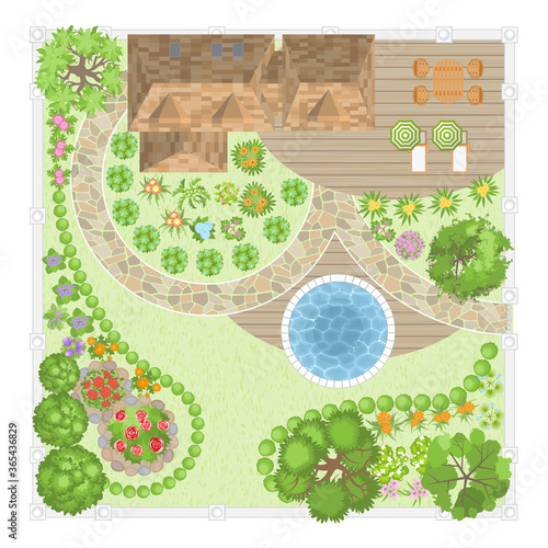 Modern garden design. Top view. Landscape design. View from above.