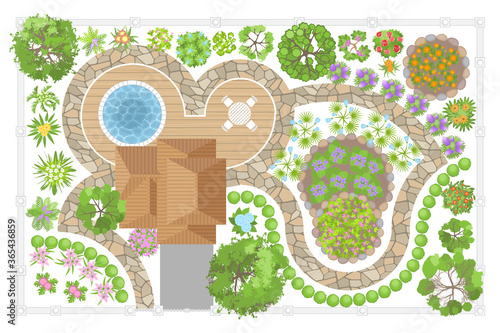 Modern garden design. Top view. Landscape design. View from above.