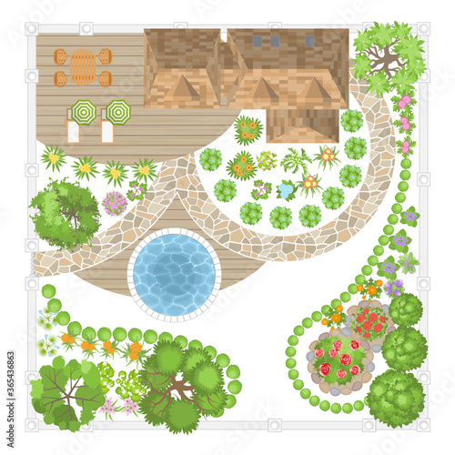 Modern garden design. Top view. Landscape design. View from above.