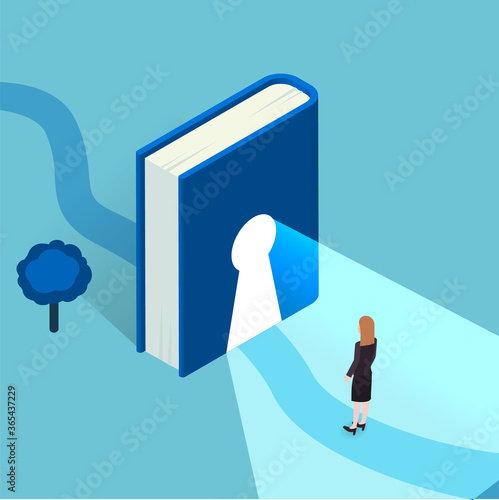 Reading lovers and education themed concept in isometric style, vector. Bookworm related background with house made of book, keyhole in it and road