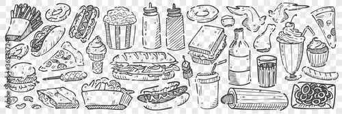 Hand drawn junk food doodle set