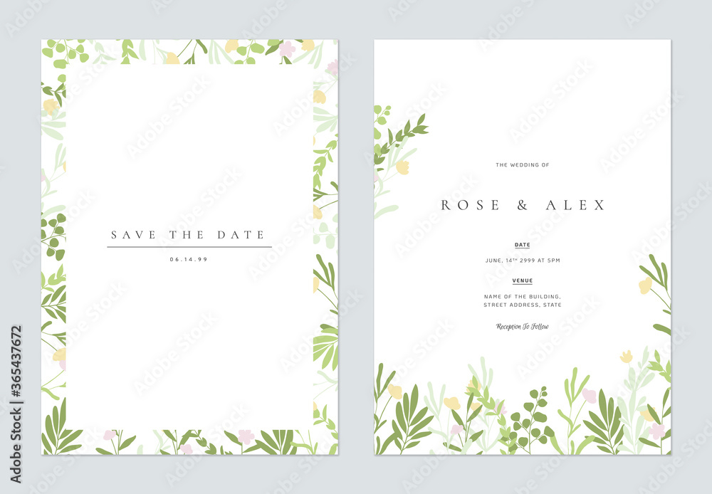 Floral wedding invitation card template design, hand drawn green leaves and flowers on white