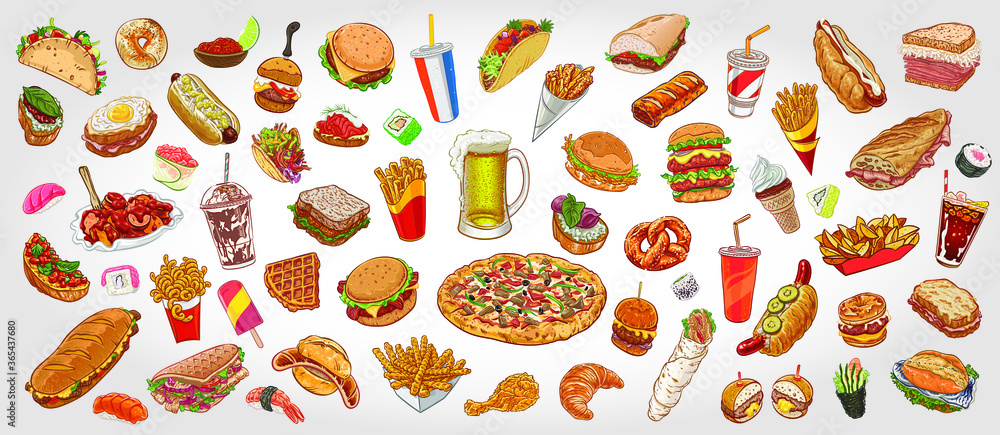 Hand drawn colorful background with food and beverage varieties. - obrazy, fototapety, plakaty 