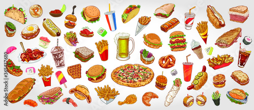 Hand drawn colorful background with food and beverage varieties.