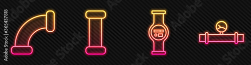 Set line Water meter, Industry metallic pipe, Industry metallic pipe and Industry pipe and manometer. Glowing neon icon. Vector.