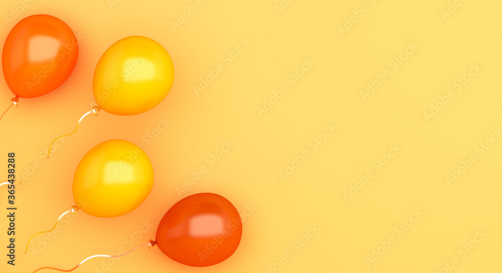 Flying orange balloons on background, Autumn concept design, halloween, copy space text, 3D illustration.