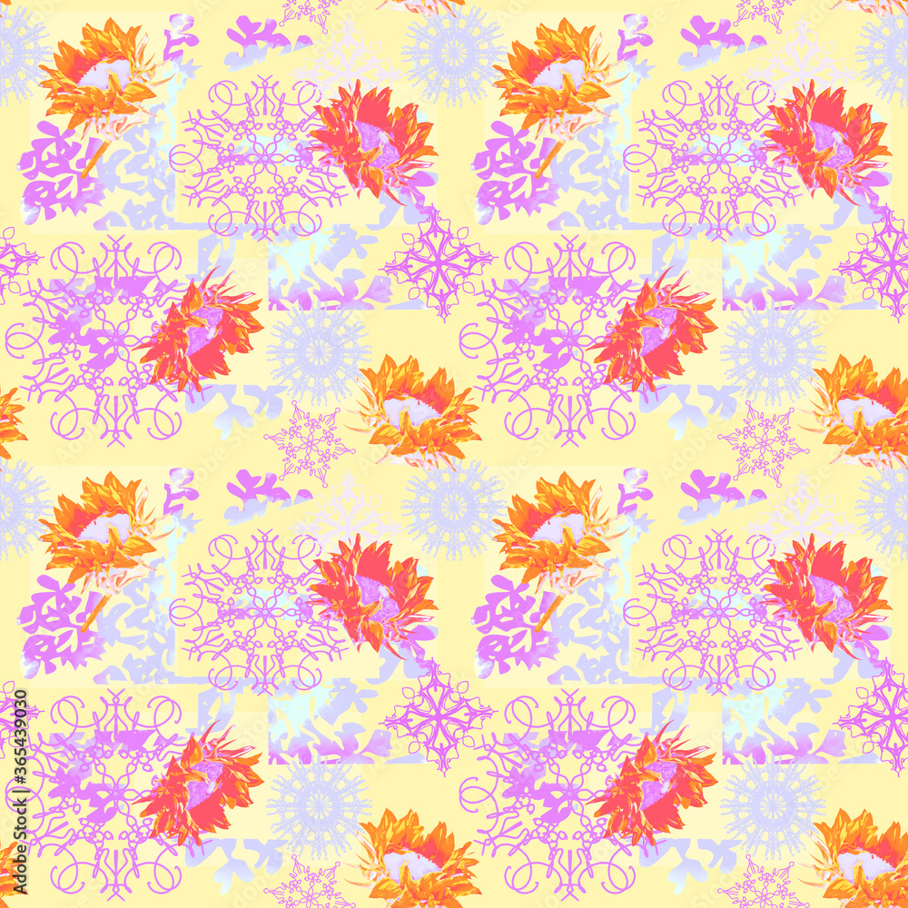 Patchwork with sunflowers and ornaments, seamless pattern.
