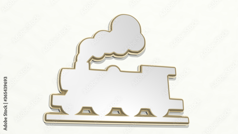 train on the wall. 3D illustration of metallic sculpture over a white background with mild texture. station and editorial train on the wall. 3D illustration of metallic sculpture over a white background with mild texture. station and editorial