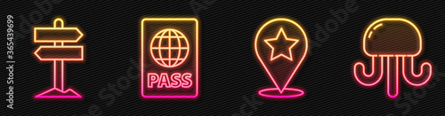 Set line Map pointer with star, Road traffic signpost, Passport and Jellyfish. Glowing neon icon. Vector.