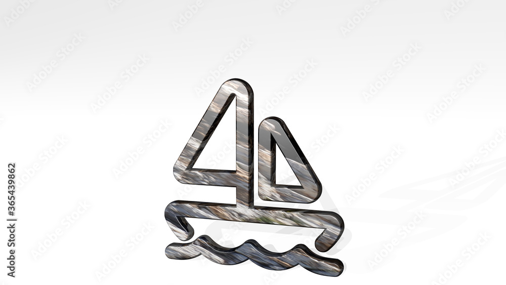 sea transport sailing boat casting shadow from a perspective. A thick sculpture made of metallic materials of 3D rendering. beach and blue sea transport sailing boat casting shadow from a perspective. A thick sculpture made of metallic materials of 3D rendering. beach and blue