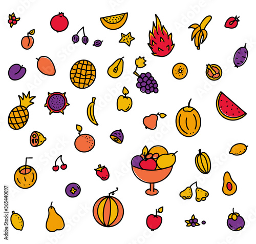 Multicolored set of hand drawn fruits elements for greengrocer or menu - vector stock illustration - colored doodle isolated on white background. 