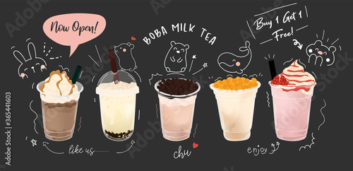 Bubble milk tea Special Promotions design, Boba milk tea, Pearl milk tea , Yummy drinks, coffees and soft drinks with logo and doodle style advertisement banner. Vector illustration.