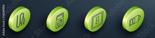 Set Isometric Electric plug, Multimeter, Electric light switch and Battery charge level indicator icon. Vector.