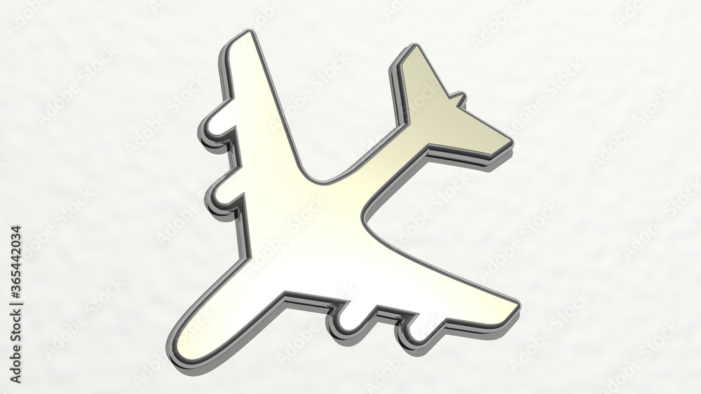 aeroplane on the wall. 3D illustration of metallic sculpture over a white background with mild texture. airplane and aircraft aeroplane on the wall. 3D illustration of metallic sculpture over a white background with mild texture. airplane and aircraft