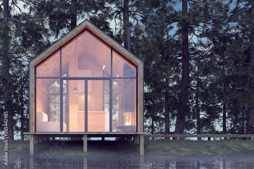 Secluded tiny house on the sandy shore of a lake with fog in a coniferous forest in cold cloudy lighting with warm light from the Windows. Stock 3D illustration