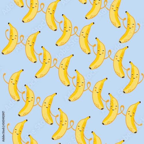 Vector seamless pattern smiling bananas on a gentle blue background. Bananas hold on to the handles a pattern for printing on textiles, paper, wallpaper, packaging.