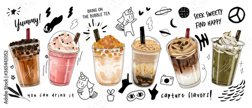 Bubble milk tea Special Promotions design, Boba milk tea, Pearl milk tea , Yummy drinks, coffees and soft drinks with logo and doodle advertisement banner. Vector illustration.