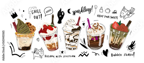 Bubble milk tea Special Promotions design, Boba milk tea, Pearl milk tea , Yummy drinks, coffees and soft drinks with logo and doodle style advertisement banner. Vector illustration.